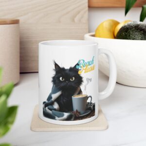Funny Black Cat Mug – Beach Please Coffee Cup – Sarcastic Cat Lover Gift – Cozy Coastal Vibes – 11oz/15oz Ceramic Mug – Coffee with Attitude"