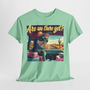 Funny Retro Road Trip T-Shirt – “Are We There Yet?” – Cute Wolf Cartoon Tee for Women, Vintage Style Travel Shirt, Gift for Travelers